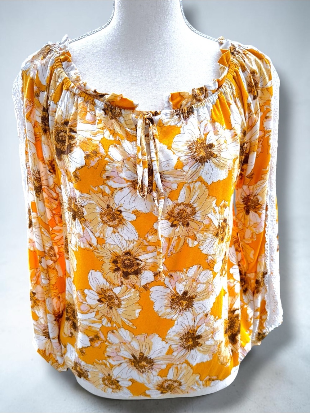 Maurices Yellow Floral & Crochet Lace Peasant Blouse - Size S Bohemian